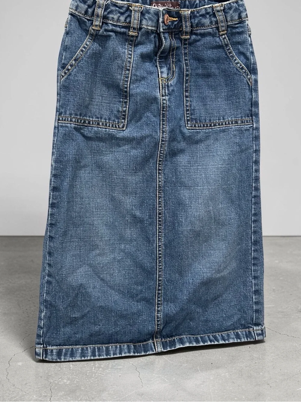 Old Navy Girls 7 Denim Midi Skirt Utility Pocket Blue Jean Y2K